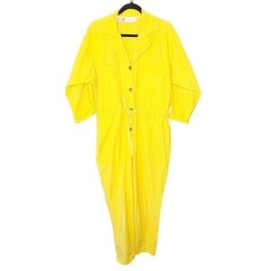 Chaus 80s Yellow Cotton Utility Boiler Suit Jumpsuit Womens 10 Cinch Waist